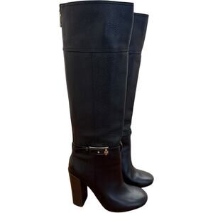 Tory Burch Jenna Black Pebbled Leather Knee High Boots Size 8.5